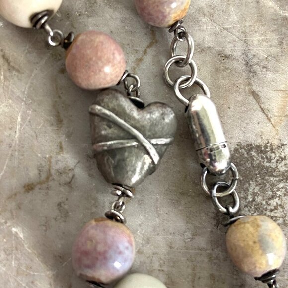 Sterling Silver 925 Italy Ceramic Beaded Pewter Heart Bow Bracelet - Picture 6 of 16